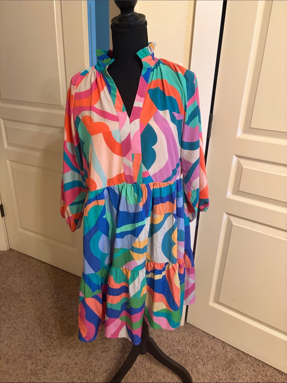 Multicolor Abstract Print Tiered Women's Dress